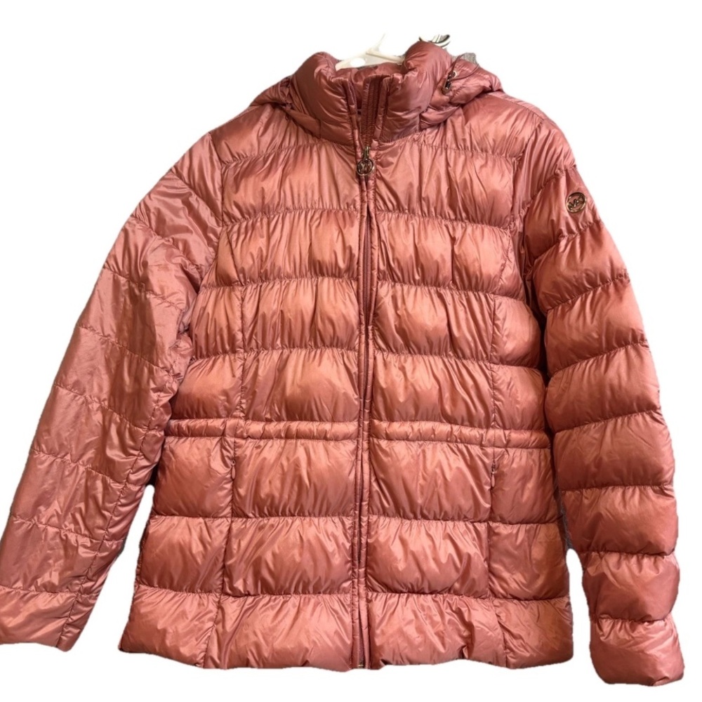 Michael Kors metallic pink Packable Down puffer coat with removable hood